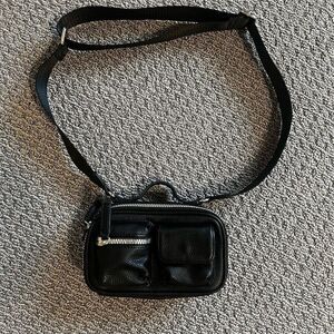 Forever 21 Faux Leather Crossbody Bag Black Silver Zip Snap Pockets Adjustable